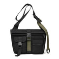 Black outdoor travel shoulder bag with adjustable strap and zip compartments

