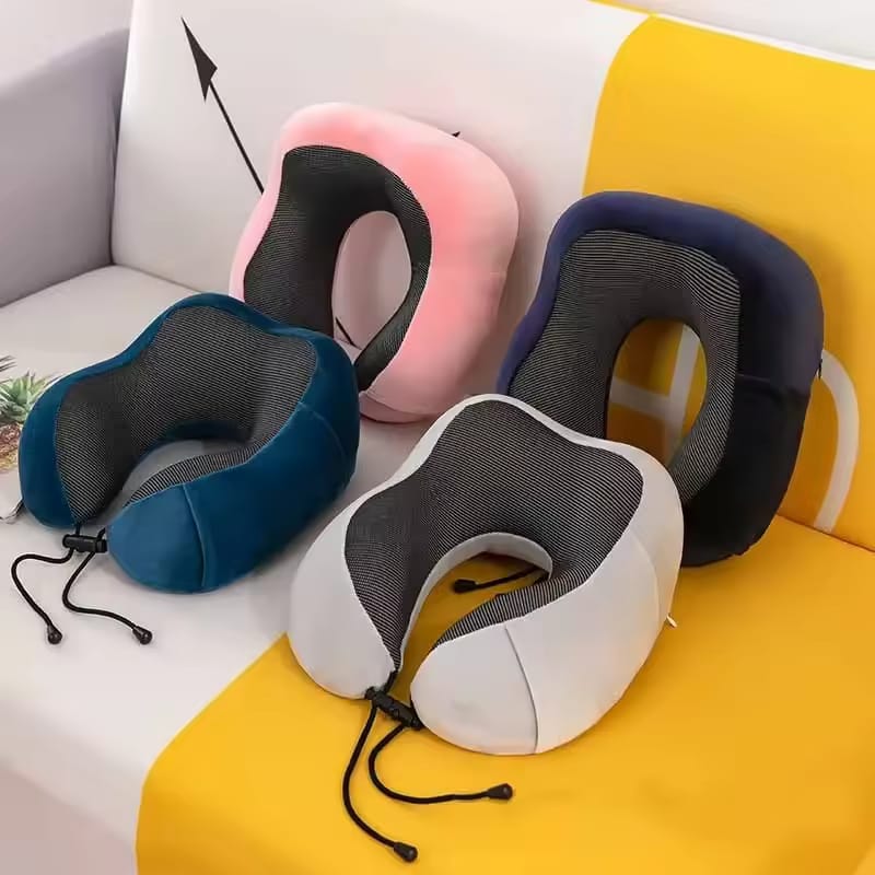 "Memory foam neck pillow for airplane travel support"